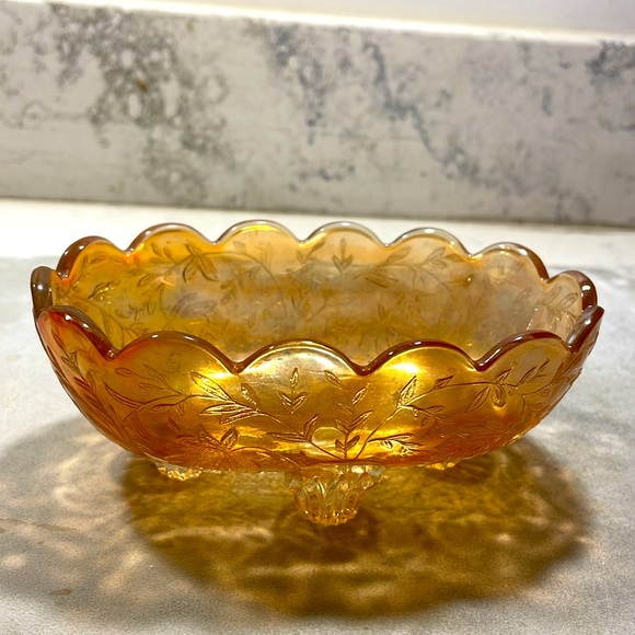 Carnival Glass Iridescent Small Candy Dish Vintage Jeanette Amber Floral Pattern - Picture 7 of 12